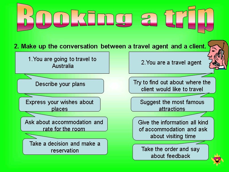 2. Make up the conversation between a travel agent and a client.  Booking